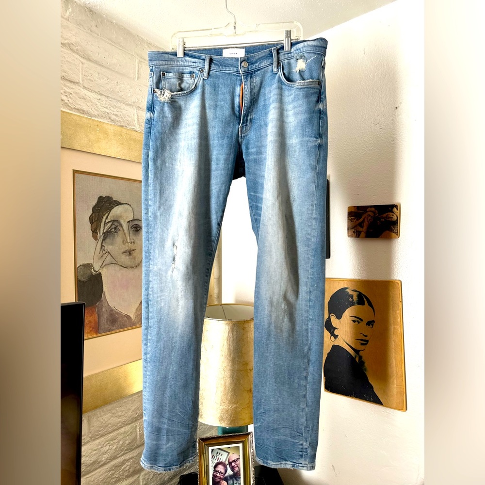 OVADIA HOLEY DISTRESSED COTTON BLEND LIGHT WASH MEN'S JEANS SZ 38